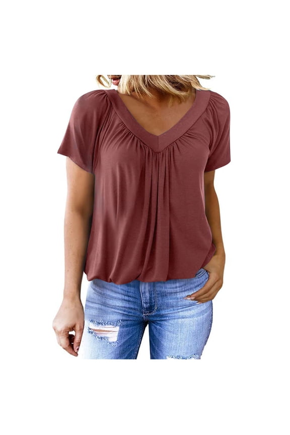 Tops for Women Casual V Neck Pleated Short Sleeve Shirts Loose Fit Banded Hem Bottom Tee Solid Color Soft Comfy Summer Tunic Blouse