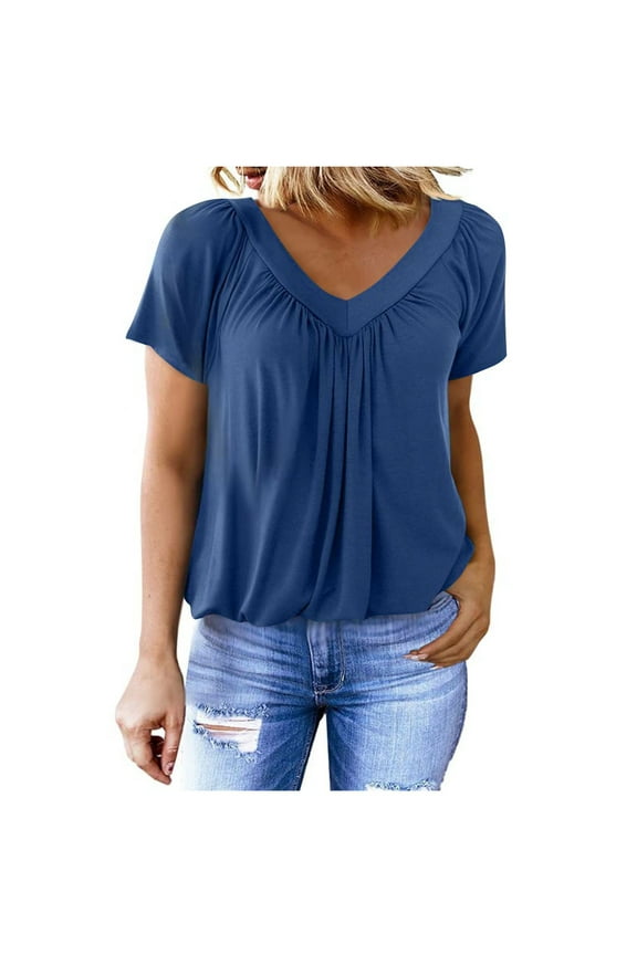 Tops for Women Casual V Neck Pleated Short Sleeve Shirts Loose Fit Banded Hem Bottom Tee Solid Color Soft Comfy Summer Tunic Blouse