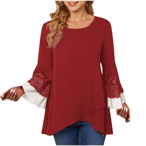 UYISJ Tunic Tops for Women Asymmetrical Split Hem Hollow out Layered Long Sleeve Loose Fit Blouses Dressy Casual Dressy Tunic Tops Red XXL