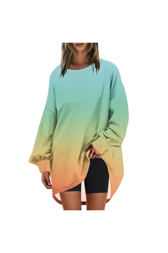 Tunic Tops for Women Loose Fit Dressy Casual Plus Size Long Sleeved Round Neck Gradient Printing T Shirt Top Pullover Yellow L