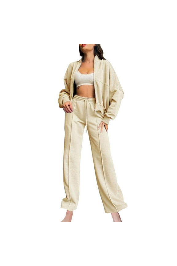 Two Piece Sets for Women Going Out Zipper Sweatsuits Casual Straight Leg Pants Set 2 Piece Travel Outfits with Pockets Beige XL