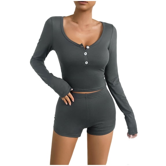 UYISJ Women 2 Piece Pajama Set Long Sleeve Button up Crop Top and Slim Shorts Comfy Loungewear Sweatsuits Sleepwear PJ Set