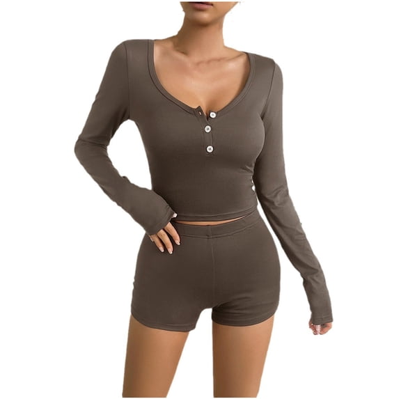 UYISJ Women 2 Piece Pajama Set Long Sleeve Button up Crop Top and Slim Shorts Comfy Loungewear Sweatsuits Sleepwear PJ Set