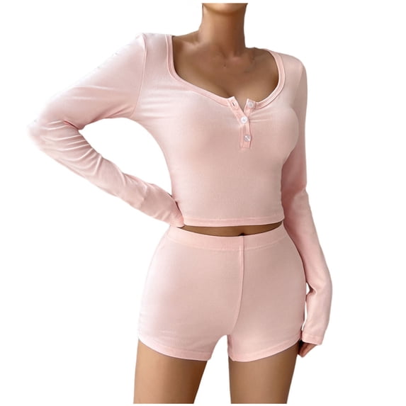 UYISJ Women 2 Piece Pajama Set Long Sleeve Button up Crop Top and Slim Shorts Comfy Loungewear Sweatsuits Sleepwear PJ Set