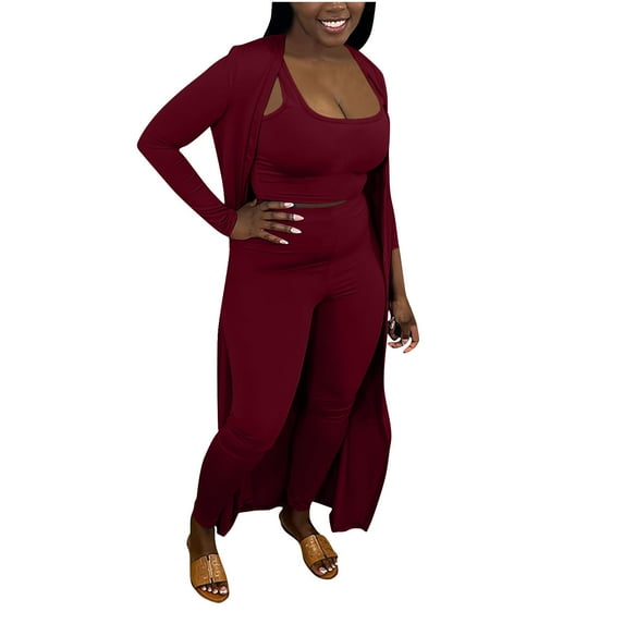 UYISJ Women 3 Piece Outfits Ribbed Long Cardigan Crop Tank Tops Shorts Sets Sweatsuit Lounge Set Casual Solid Color Sets Wine L