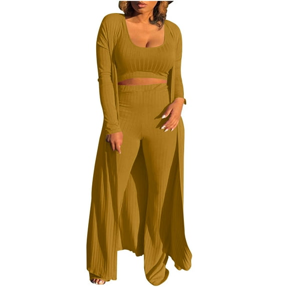 UYISJ Women 3 Piece Outfits Ribbed Long Cardigan Crop Tank Tops Shorts Sets Sweatsuit Lounge Set Casual Solid Color Sets Yellow L
