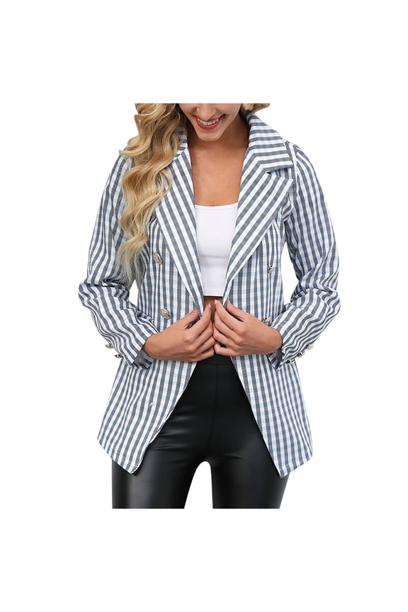 Women Business Casual Blazer with Striped Printing Lined Work Suit Jacket Fall Slim Fit Outerwear Tops with Pockets Blue M