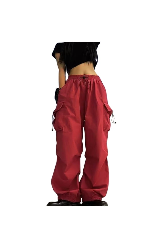 Women Cargo Pants Parachute Drawstring Elastic Waist Sweatpants Baggy Y2k Teen Girls Pants Streetwear Loose Baggy Trousers with Pocket Red S