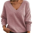 thumbnail image 1 of UYISJ Women Casual Long Sleeve Sweaters Soft Loose Fit Cable Knit Pullover V Neck Oversized Tunic Sweater Tops Fall Knit Shirts Pink S, 1 of 3