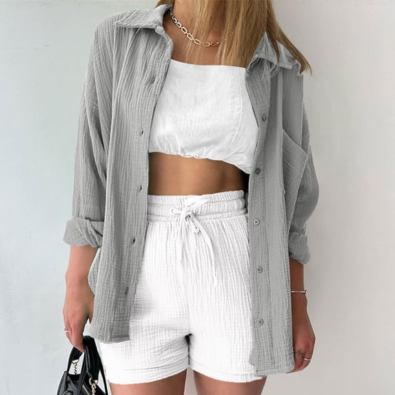 UYISJ Women Cotton Button Down Shirt Jackets Womens Lapel Collar Blouses V Neck Shirts Collared Office Work Blouses Tops Gray XL