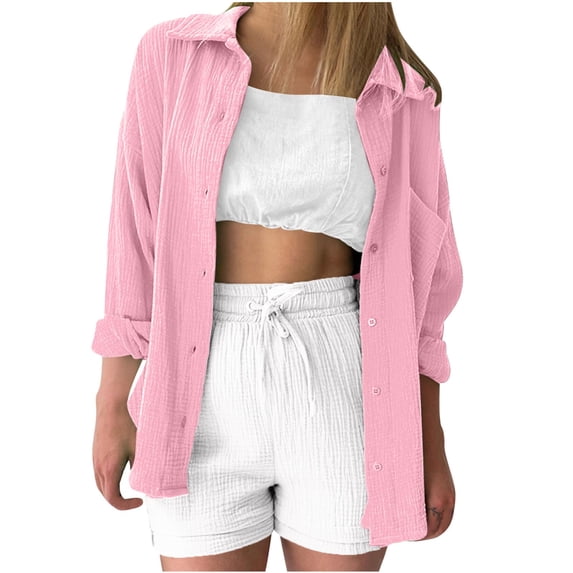 UYISJ Women Cotton Button Down Shirt Jackets Womens Lapel Collar Blouses V Neck Shirts Collared Office Work Blouses Tops Pink S