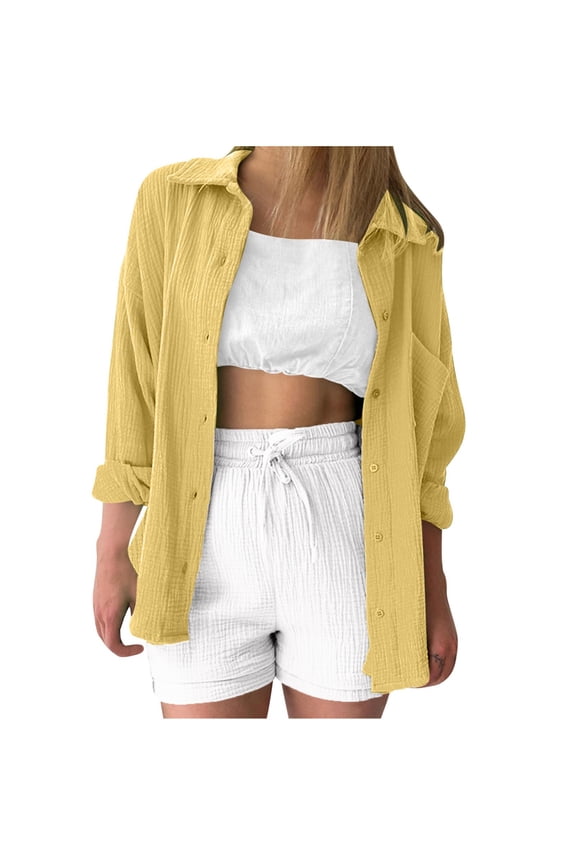 Women Cotton Button Down Shirt Jackets Womens Lapel Collar Blouses V Neck Shirts Collared Office Work Blouses Tops Yellow L
