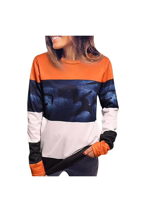 Women Crewneck Pullover Sweatshirt Casual Fall Fashion Color Block Loose Long Sleeve Tops Sweatshirts Orange 3XL