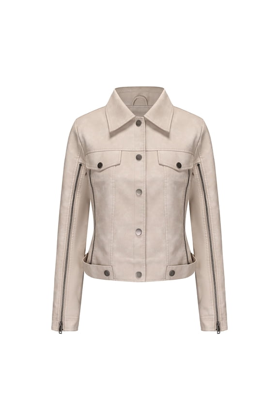 Women Faux Leather Jacket Lapel Collar Motorcycle Zip Up Tops Long Sleeve Motor Biker Short Coat Jacket Beige M