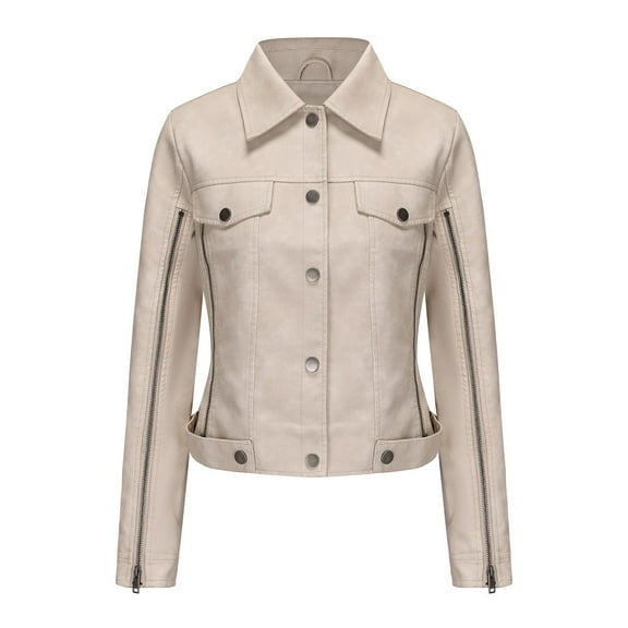 UYISJ Women Faux Leather Jacket Lapel Collar Motorcycle Zip Up Tops Long Sleeve Motor Biker Short Coat Jacket Beige S