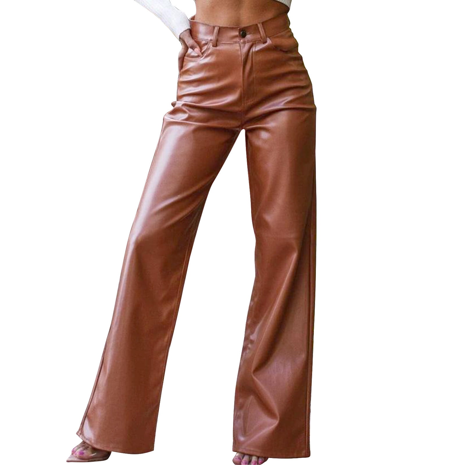 UYISJ Women Faux Leather Pants PU High Waist Straight Leg Pants with Pockets Leather Leggings Bell Bottom Flare Pants Brown S