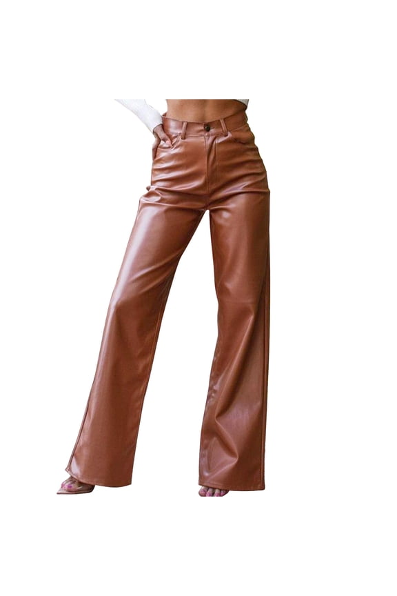 Women Faux Leather Pants PU High Waist Straight Leg Pants with Pockets Leather Leggings Bell Bottom Flare Pants Brown S