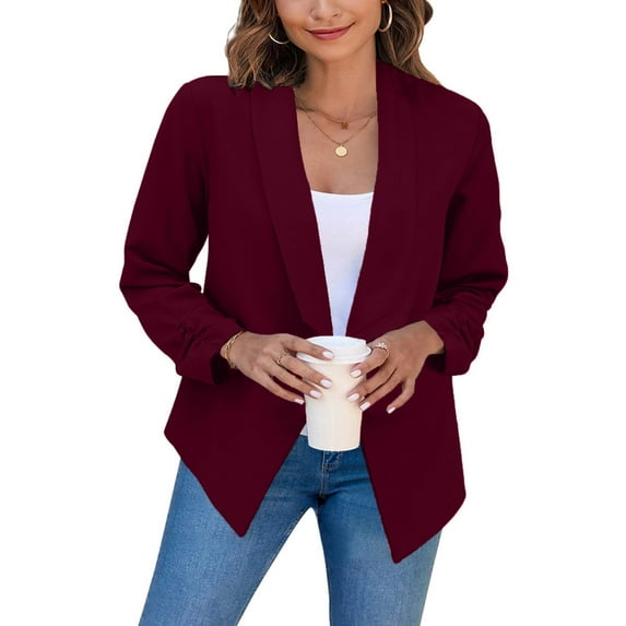 UYISJ Women Lightweight Long Sleeve Blazer Casual Open Front Business Blazer Notched Collar Slim Work Office Coats Dark Red XL