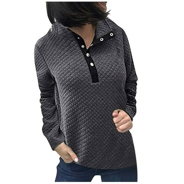 UYISJ Women Quilted Sweatshirt Pattern Lightweight Button Down Long Sleeve Tops Casual Ladies Sweatshirts Pullovers Shirts Tops Gray L