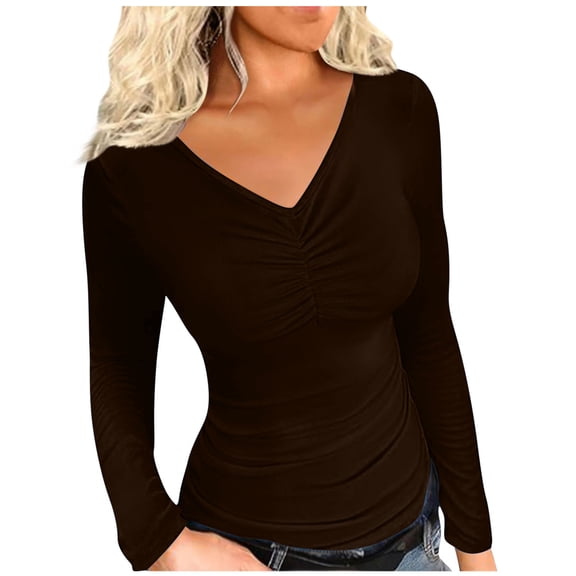 UYISJ Women Ribbed Long Sleeve V Neck Pleated Tops Slim Fit Stretchy Basic T Shirts