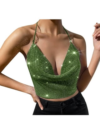 Lady Shiny Sequin Tank Crop Top Body Chain Bra Mesh Party Clubwear  Nightwear Tee