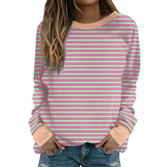 UYISJ Women Striped Color Block T Shirts Long Sleeve Crew Neck Sweatshirt Casual Loose Fit Side Split Pullover Shirt Y2K Tops Pink M