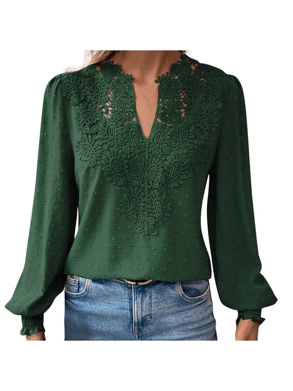 Women V Neck Long Sleeve Blouse Lace Patchwork Tops Elegant Cute Fall Tops Trendy Casual Loose Fit Shirts Dressy Blouse Green S