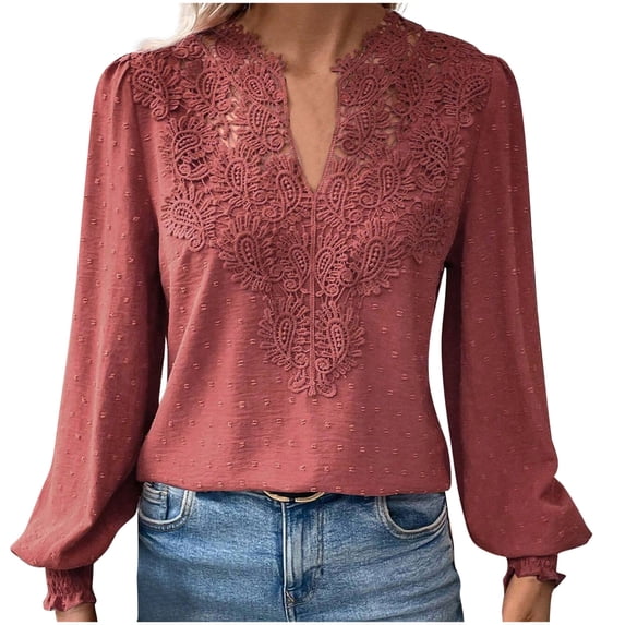 UYISJ Women V Neck Long Sleeve Blouse Lace Patchwork Tops Elegant Cute Fall Tops Trendy Casual Loose Fit Shirts Dressy Blouse Wine S