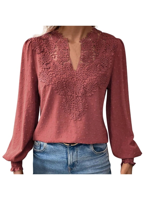 Women V Neck Long Sleeve Blouse Lace Patchwork Tops Elegant Cute Fall Tops Trendy Casual Loose Fit Shirts Dressy Blouse Wine XL