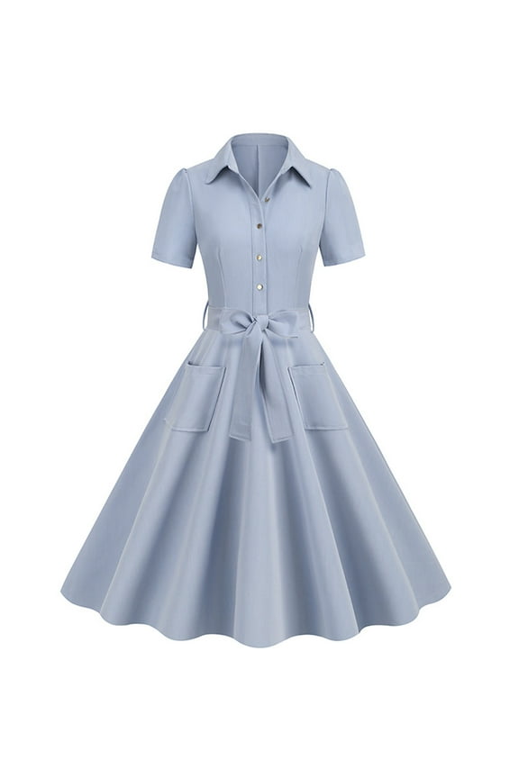 Women Vintage 1940s Dress Retro 40s 50s Button Down Business Work A Line Cocktail Dresses Short Sleeve Dress with Pockets Light Blue L