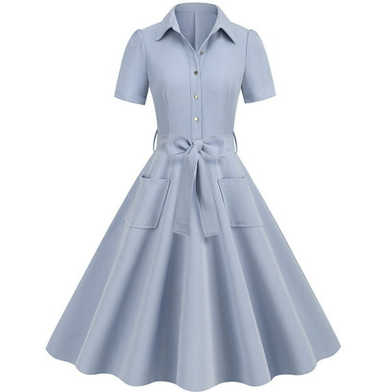 UYISJ Women Vintage 1940s Dress Retro 40s 50s Button Down Business Work A Line Cocktail Dresses Short Sleeve Dress with Pockets Light Blue S