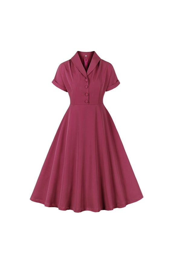 Women Vintage 1940s Dress Retro 40s 50s Button Down Business Work A Line Cocktail Dresses Short Sleeve Formal Dress Wine M
