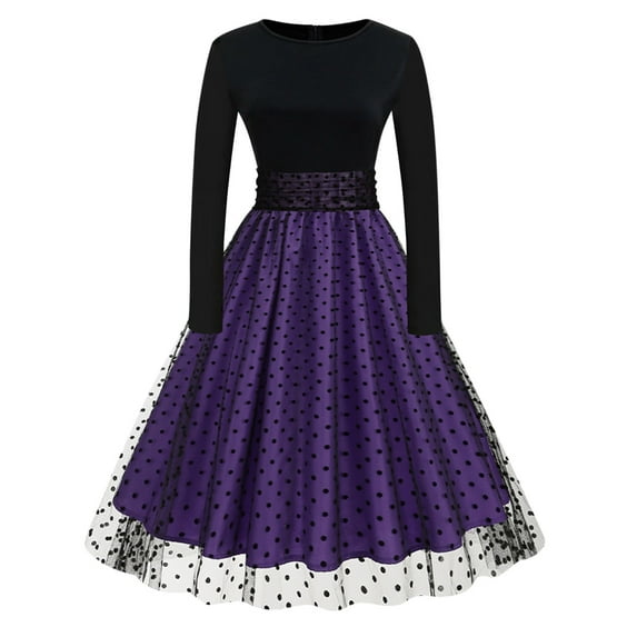 UYISJ Women Vintage Polka Dot 1950s Audrey Retro Rockabilly Prom Dress 50s Long Sleeve Patchwork Cocktail Party Swing Dress PurpleXL