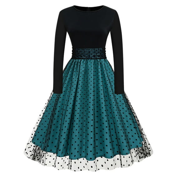 UYISJ Women Vintage Polka Dot 1950s Audrey Retro Rockabilly Prom Dress 50s Long Sleeve Patchwork Cocktail Party Swing Dress Sky BlueXL