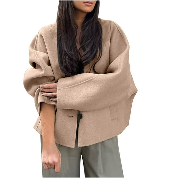 UYISJ Women Winter Jacket Plus Size Wool Blend Long Sleeve Tops Button Down Loose Coat Solid Casual Short Pea Coat Outerwear Brown S