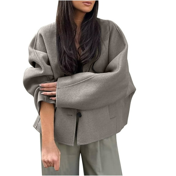 UYISJ Women Winter Jacket Plus Size Wool Blend Long Sleeve Tops Button Down Loose Coat Solid Casual Short Pea Coat Outerwear Gray S
