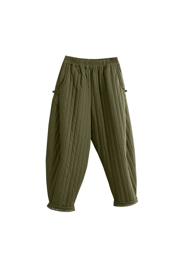 Women Winter Warm Down Cotton Pants Thicker Padded Quilted Pants Loose Fit Wide Leg Trousers with Pockets Army Green 4XL