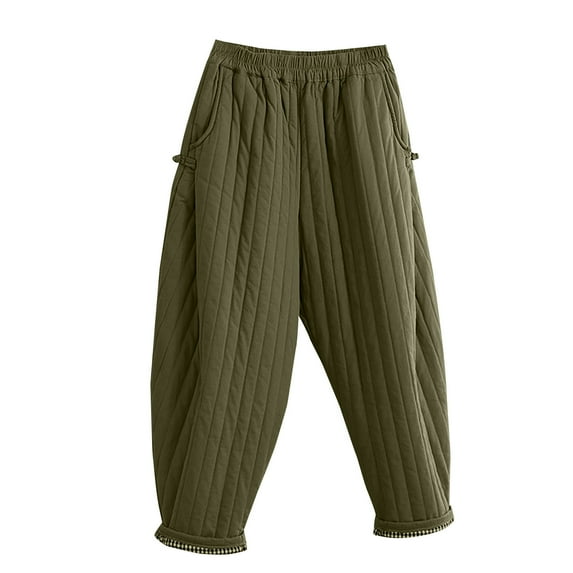 UYISJ Women Winter Warm Down Cotton Pants Thicker Padded Quilted Pants Loose Fit Wide Leg Trousers with Pockets Army Green XL