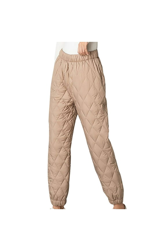 Women Winter Warm Packable Down Cotton Pants Elastic High Waist Quilted Sweatpants Lightweight Snow Ski Trousers Khaki 3XL