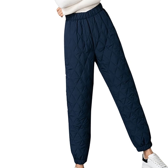 UYISJ Women Winter Warm Packable Down Cotton Pants Elastic High Waist Quilted Sweatpants Lightweight Snow Ski Trousers Navy L