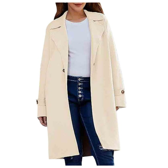 UYISJ Women Winter Wool Blend Camel Mid Long Coat Notch Double Breasted Lapel Jacket Solid Color Outwear with Pockets Beige M
