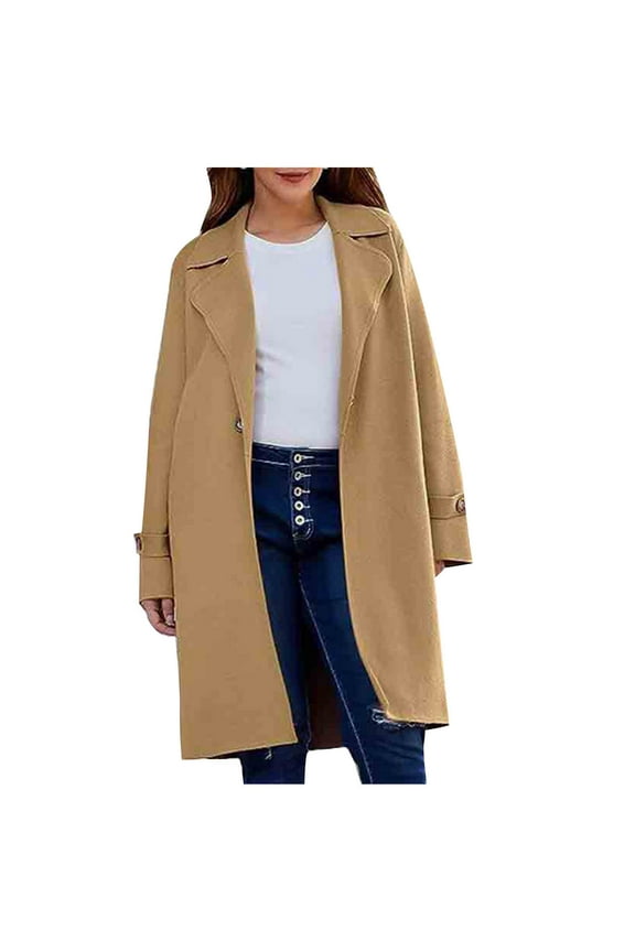 Women Winter Wool Blend Camel Mid Long Coat Notch Double Breasted Lapel Jacket Solid Color Outwear with Pockets Khaki S