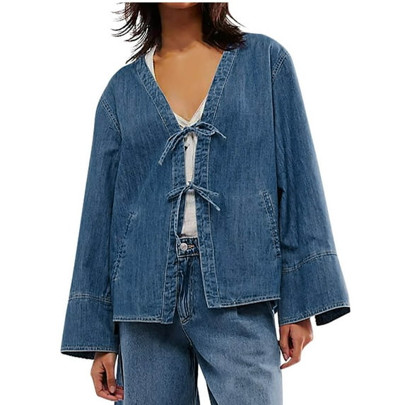 UYISJ Women Y2k Tie Front Denim Jacket Casual Vintage Loose Fit Long Sleeve Classic Jean Shirt with Pockets Fall Outfits Blue M
