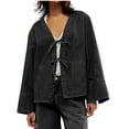 thumbnail image 1 of UYISJ Women Y2k Tie Front Denim Jacket Casual Vintage Loose Fit Long Sleeve Classic Jean Shirt with Pockets Fall Outfits M, 1 of 5