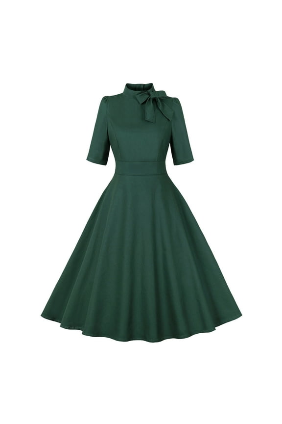 Women's 1940s Vintage A Line Swing Dress Bow Tie Neck 40s 50s Cocktail Dresses Mock Neck Retro Work Dress Tea Dress Green S