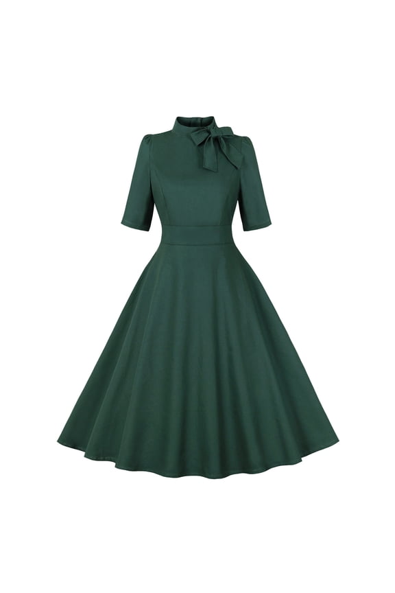 Women's 1940s Vintage A Line Swing Dress Bow Tie Neck 40s 50s Cocktail Dresses Mock Neck Retro Work Dress Tea Dress Green XL