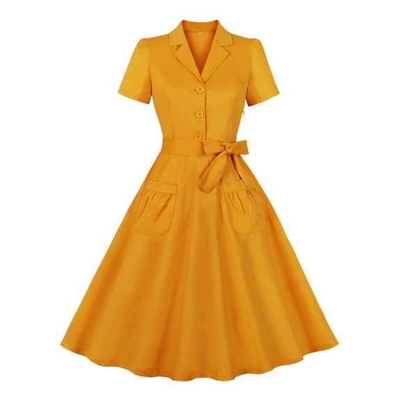 UYISJ Women's 1940s Vintage A Line Swing Dress Lapel V Neck Short Sleeve Dress Solid Color Button up Work Dress Cocktail Party Dresses Yellow M