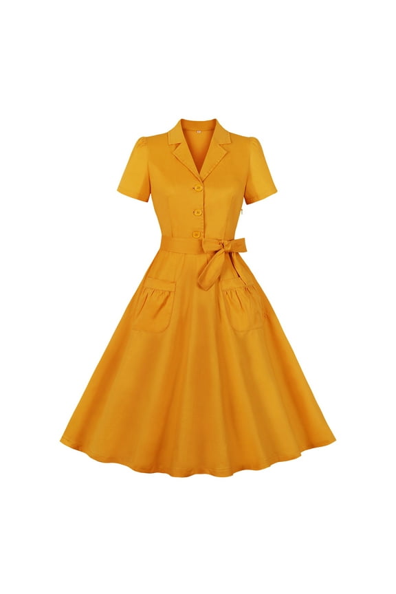 Women's 1940s Vintage A Line Swing Dress Lapel V Neck Short Sleeve Dress Solid Color Button up Work Dress Cocktail Party Dresses Yellow XL