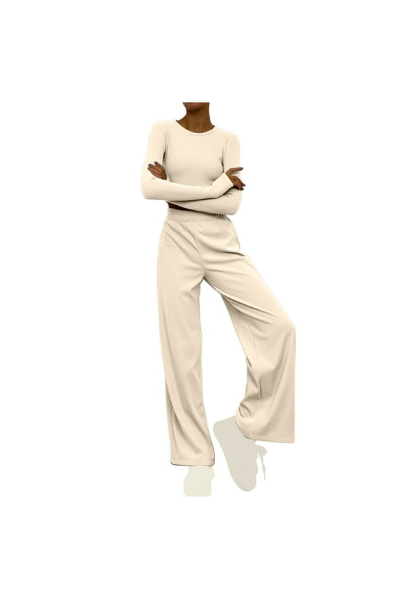 Women's 2 Piece Loungewear Long Sleeve Crop Top Wide Leg Palazzo Pants Set Tracksuits Casual Solid Color Outfit Beige M