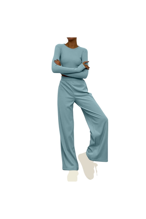 Women's 2 Piece Loungewear Long Sleeve Crop Top Wide Leg Palazzo Pants Set Tracksuits Casual Solid Color Outfit Light Blue M